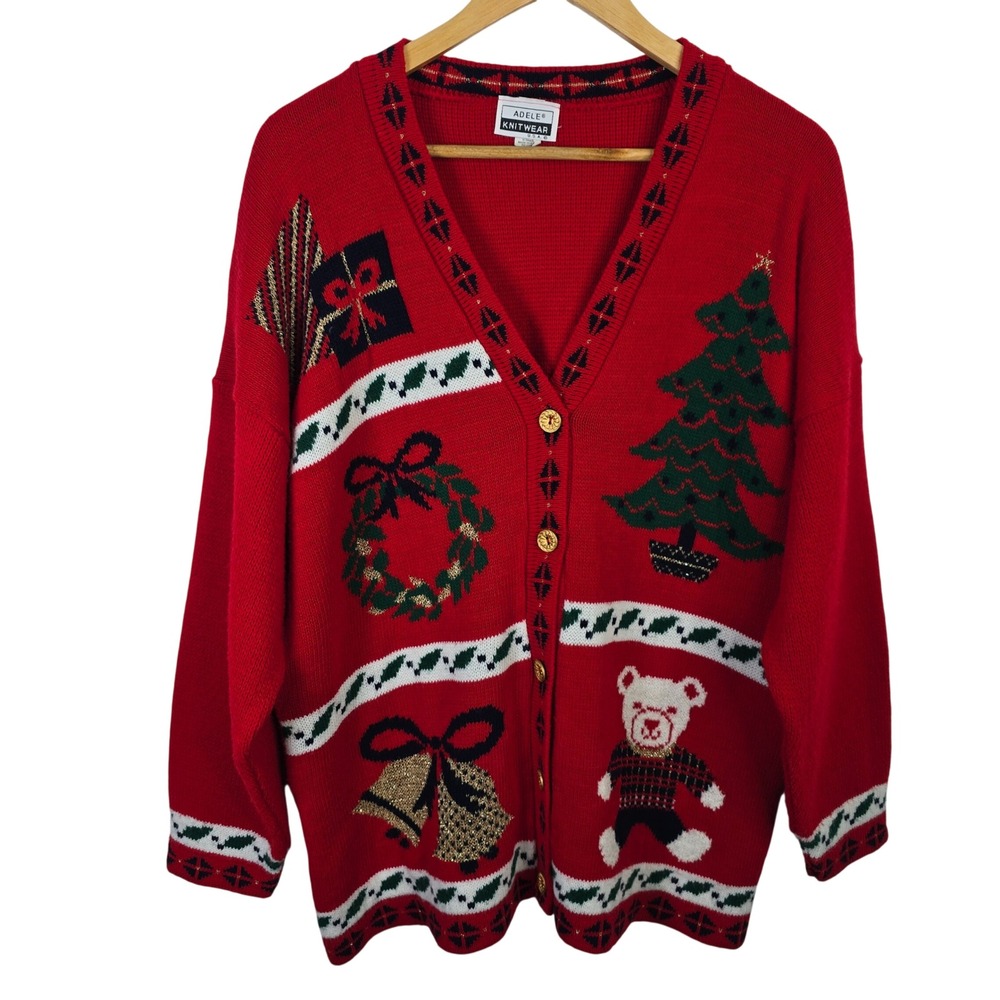 Adele Knitwear Vintage Red Ugly Christmas Sweater Cardigan Metallic Lurex XL